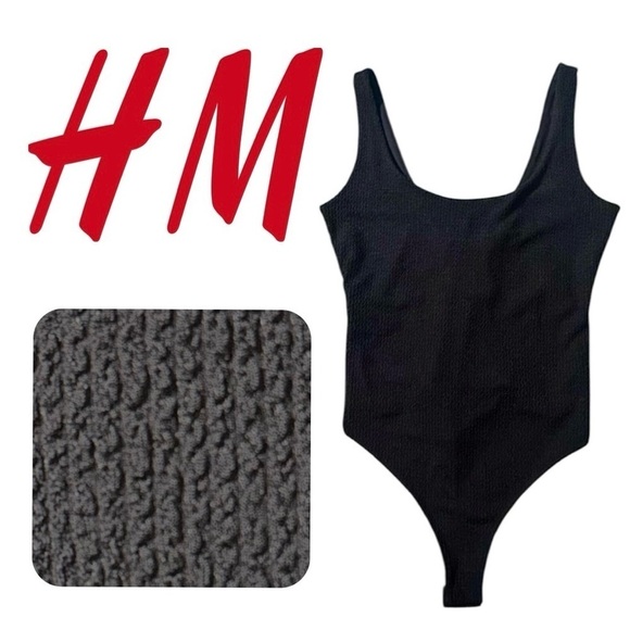 H&M Black Textured Sleeveless Bodysuit Ribbed Scoop Neck Tank Stretch Women's M - Picture 1 of 14